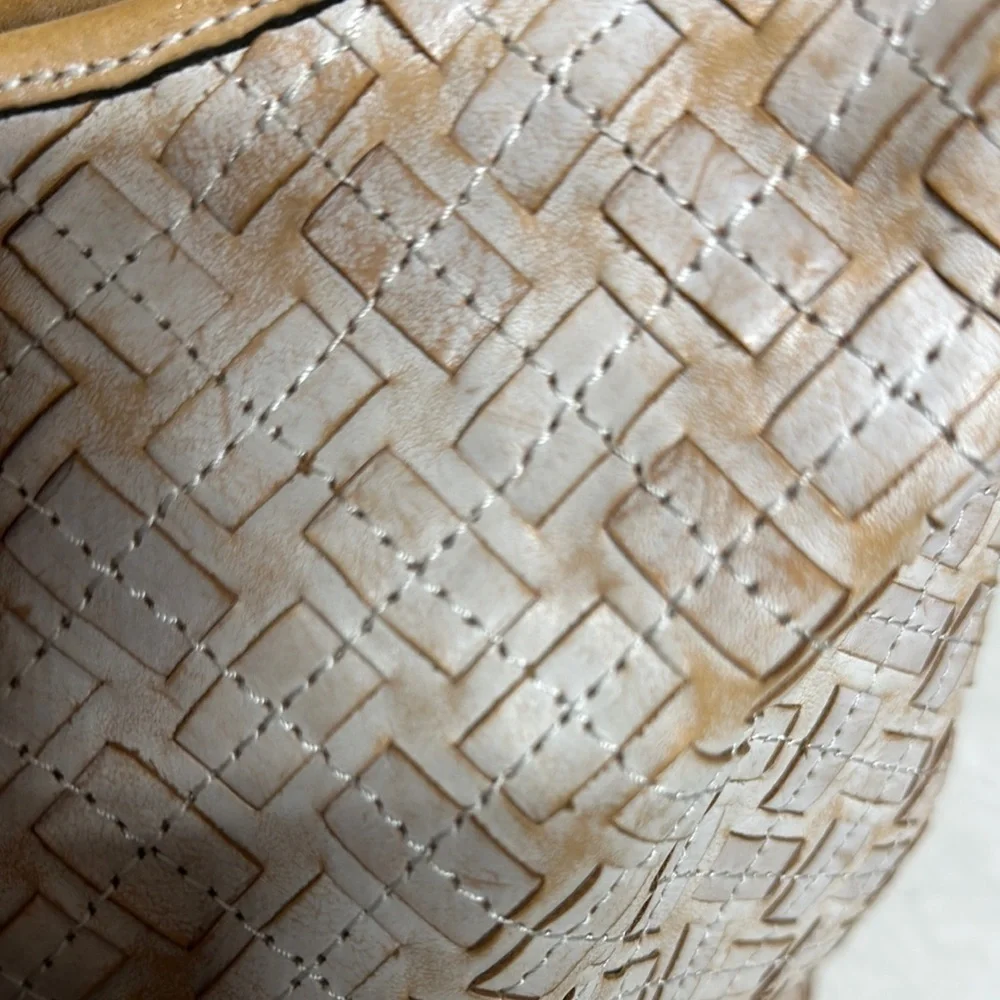 PATRICIA NASH White & Brown BRAIDED STITCH Leather MARCELLINA Hobo Bag